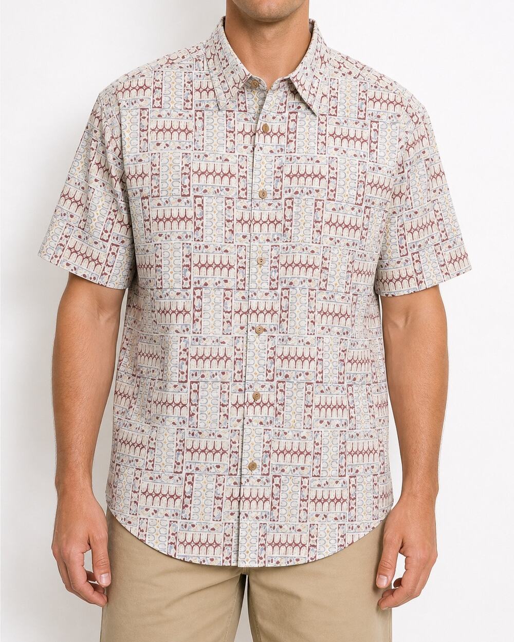 Orvis Shirt Mens Large Red Blue Tropical 100% Cotton Short Sleeve Button-Up